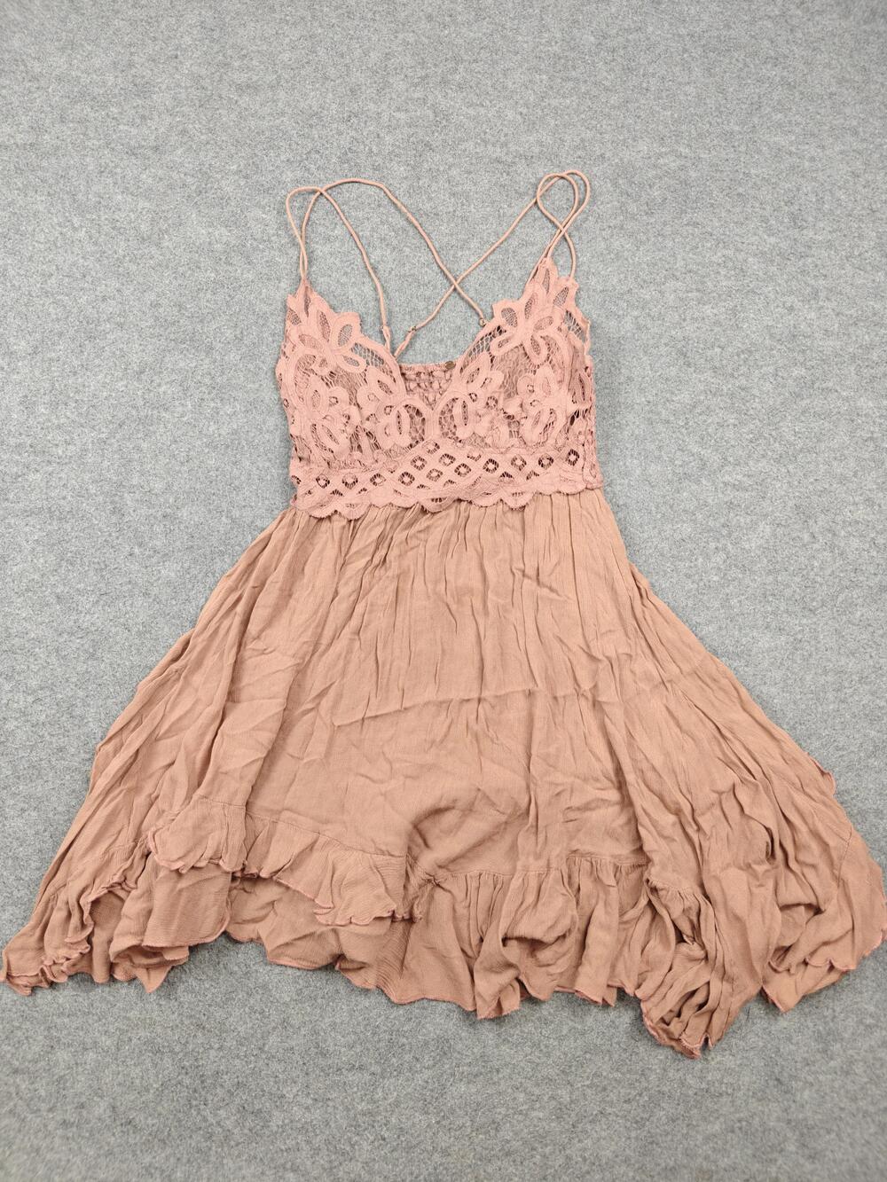 Free People Dress Womens Medium Pink Sundress Strappy Crochet Smocked Short